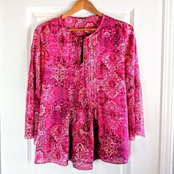 Elie Tahari Magenta Pink Print Silk Pleated Tunic Top - Picture 1 of 7